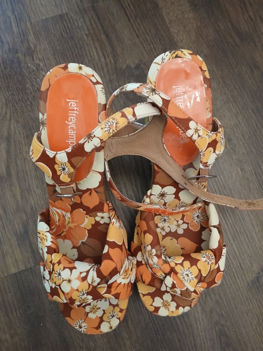 Jeffrey Campbell Orange Brown Floral Wedge Sandals